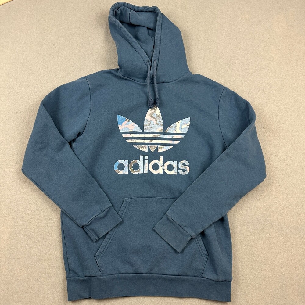 Adidas Hoodie Men Medium Blue Camo Trefoil Logo Pullover Sweatshirt Essential M
